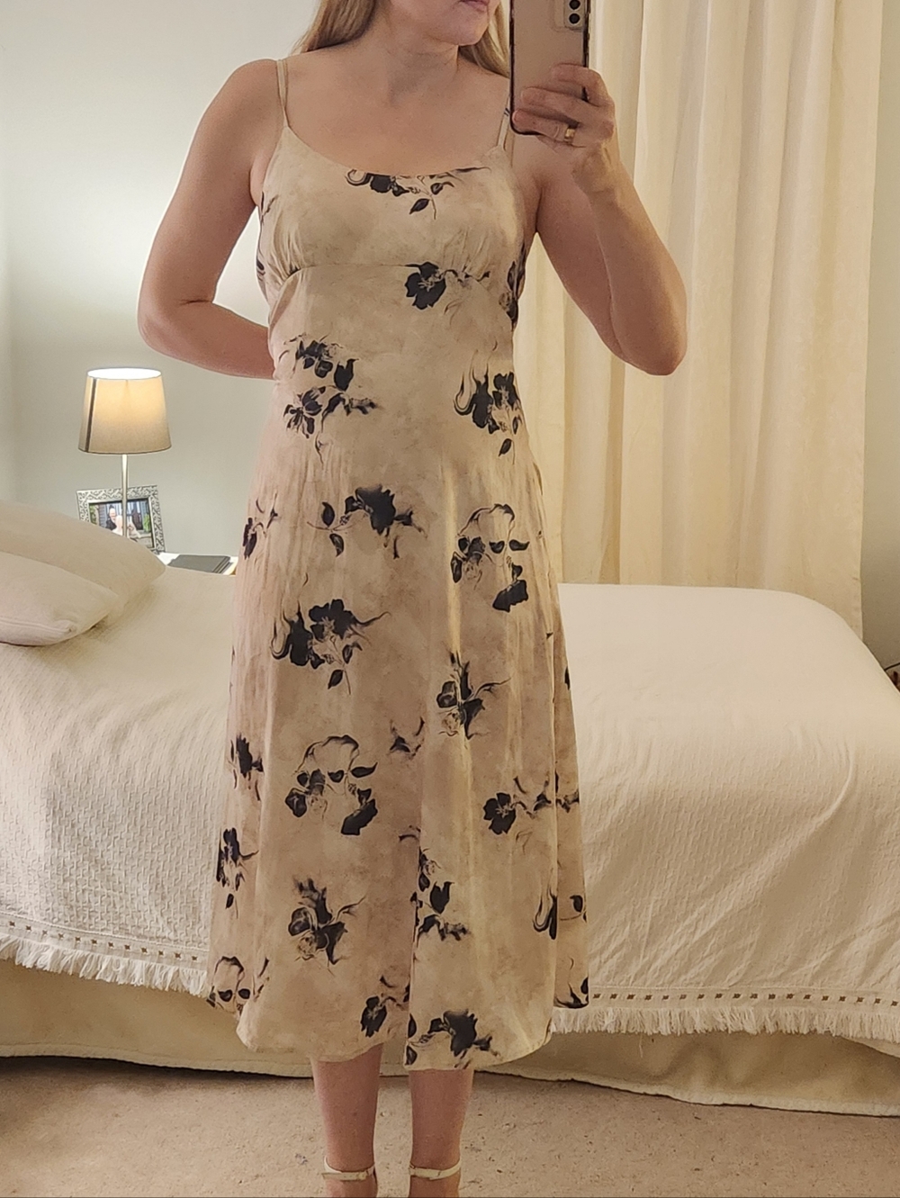 DAZY Cream Floral Midi Slip Dress with Thin Straps